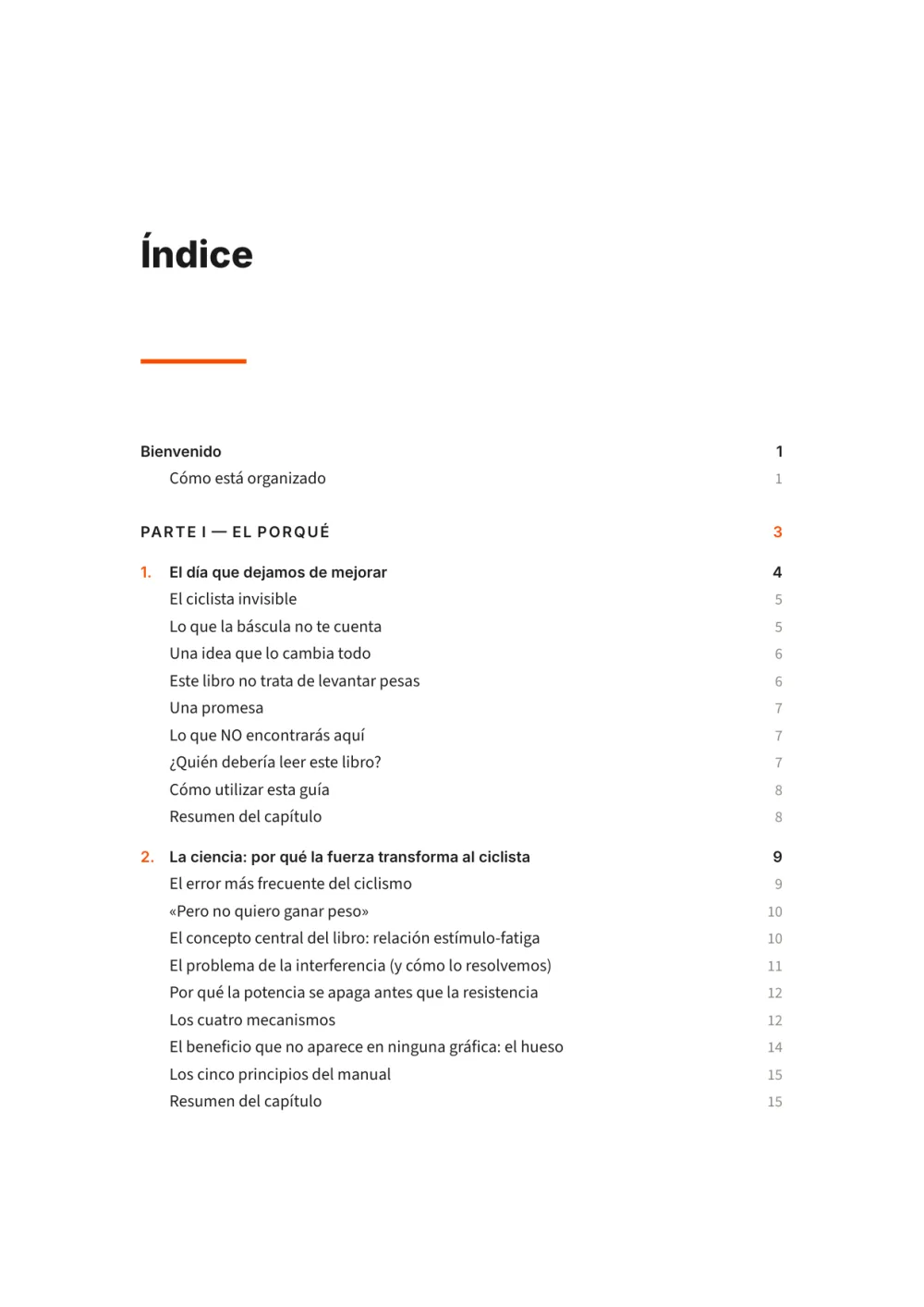 Índice del libro con las cuatro partes, los doce capítulos y los seis apéndices
