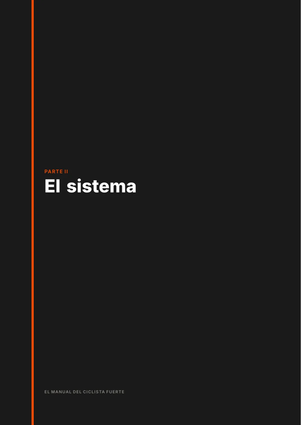 Página separadora de parte del libro: fondo carbón con el título de la parte en blanco y una banda naranja